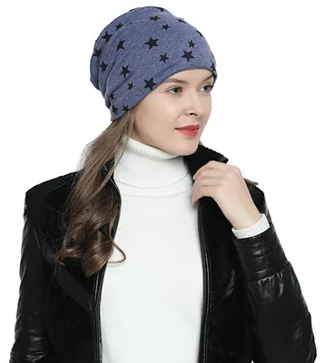 Produktbild von Damen Wintermütze gefüttert Slouch Beanie - mit Sternen-Print blau