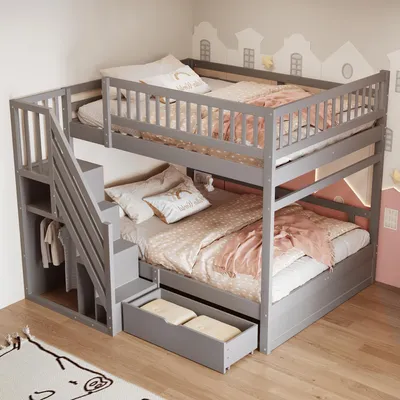Zdjęcie produktu dla Łóżko piętrowe Flieks 140x200 cm z szafą i szufladą, łóżko dziecięce na poddaszu ze schodami i stelażem z listew, łóżko piętrowe z zabezpieczeniem przed wypadnięciem, szare