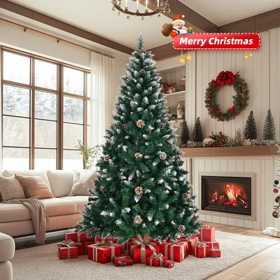 Image de FCH Arbre de Noël artificiel avec pommes de pin et neige, 180cm avec 900 pointes & support en métal