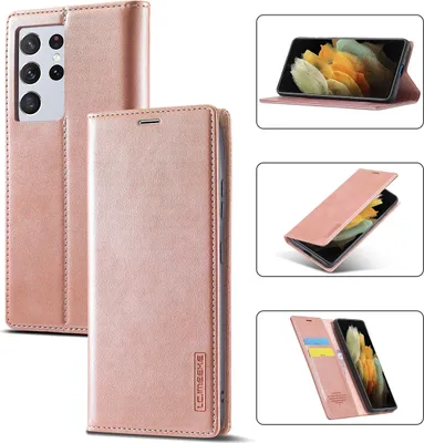 Obrázek produktu pro Galaxy S21 Ultra 5G Kožené pouzdro s funkcí stojánku a držákem karet, peněženkový design pouzdro pro Samsung Galaxy S21 Ultra 5G Růžový