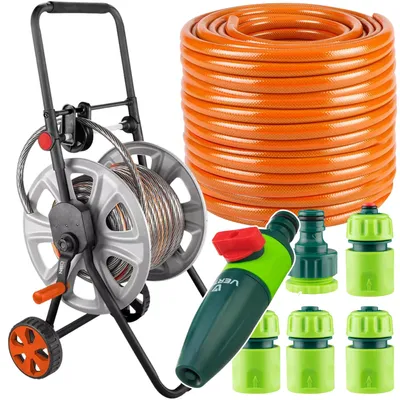 Produktbild von NEO TOOLS Gartenschlauch Set 50 m 1/2 Zoll mit Metall Schlauchwagen Spritze und Anschlussstücken 4 Lagen UV Beständig 24 bar