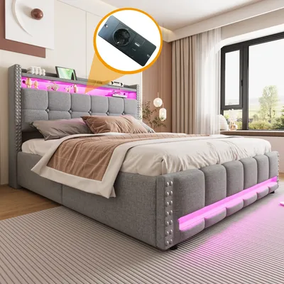 Produktbild von okwish Polsterbett 160×200 mit Hydraulischem Bettkasten,LED,Jugendbett mit offenen Fächern,Doppelbett, ohne matratze,Hellgrau