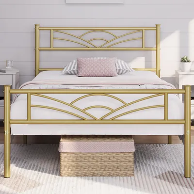 Produktbild von Yaheetech Metallbett Bettgestell Bettrahmen, Wolkenmuster Kopfteil, 90 x 190 cm, Gold