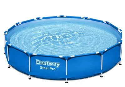A blue Bestway Steel Pro pool filled with water, shown from a slightly elevated angle against a white background.