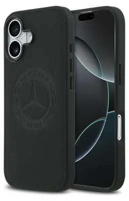 A black iPhone case with the Mercedes-Benz logo embossed on it, shown next to an iPhone.