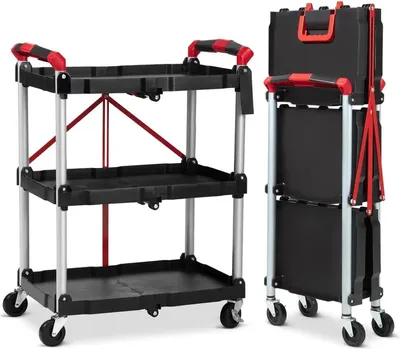 Obrázok produktu pre Vozík – 3-poschodový skladací servisný/dielenský vozík – nosnosť 76 kg – aretovateľné kolieska – plast – čierny