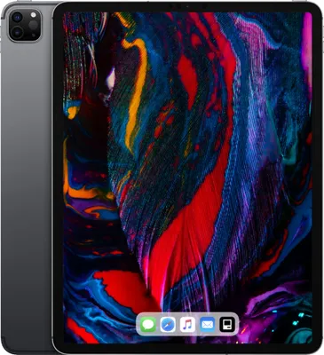 A dark gray iPad Pro is shown from the side and front, displaying a colorful abstract wallpaper.
