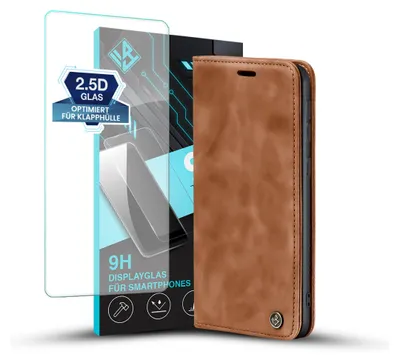 A brown flip cover phone case and a screen protector are displayed against a white background.