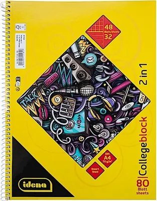 Immagine prodotto di Idena - Blocco College 2in1 con 48 fogli a quadretti e 32 fogli a righe in DIN A4, blocco con rilegatura a spirale, 80 fogli da 70 g/m², 4 fori e perforazione