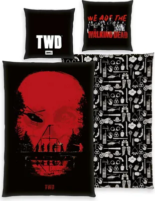 A collage of items related to The Walking Dead, including pillows and what appears to be bedding.