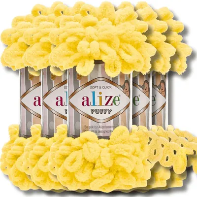Produktbild von Alize 5x 100g Puffy Wolle, Uni, Häkeln, Stricken (Yellow - 216)