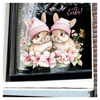 Produktbild von 2 Blätter Selbstklebende Fensterbilder zu Ostern, Schmetterlinge, Hasen, Blumen und Ostereier, Wiederverwendbare Fenstersticker für die Osterdekoration im Kinderzimmer