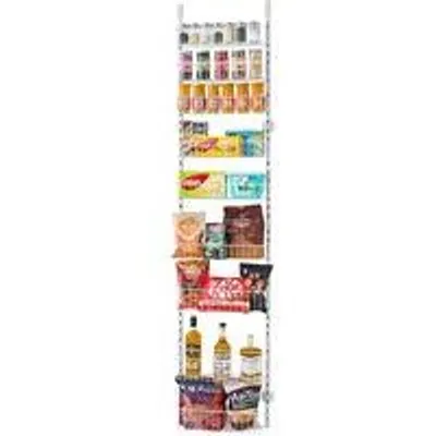 Produktbild von Küchen- und Badezimmerschrank mit 9 anpassbaren hängenden Regalen, Stahlschrank für Tür oder Wand, ideal für Küche, Badezimmer und Haus, weiß.