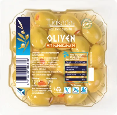 Produktbild von GRÜNE OLIVEN mit Paprikapaste von Liakada, 170g