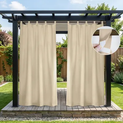 Produktbild von Outdoor Vorhänge Wasserdicht Blickdicht Sonnenschutz Außenvorhang mit Abnehmbaren Schlaufen Terrasse Gardinen, 2 Stück, Beige, B132xH241cm
