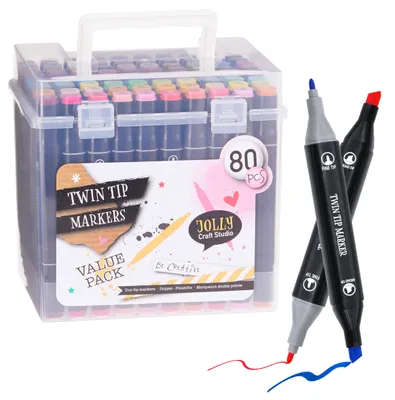 Produktbild von Doppel Filzstifte Set in Box mit Tragegriff - 80 Farben - Doppelfasermaler in transparenter Aufbewahrungsbox