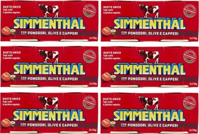 Produktbild von 6x Simmenthal con Pomodori Olive e Capperi Fertiggericht aus Rindfleisch in Gemüsegelee Dosenfleisch mit Tomaten, Oliven und Kapern (2 x 135g)