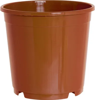 A brown plastic plant pot is shown against a white background.