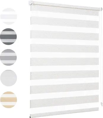A roller blind with horizontal stripes of opaque and sheer fabric, shown in white, gray, and beige color options.