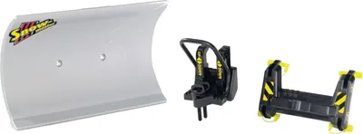Three parts of a snow plow attachment for a toy vehicle are displayed against a white background.