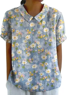 Produktbild von Bluse Damen Sommer, Elegant Leinenbluse Einfarbig Blusenshirt Revers Rundhals Leinenhemd Blumendruck Oberteile Lose Pullover