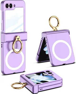 A collage of a purple flip phone case with a gold ring stand, shown from multiple angles.