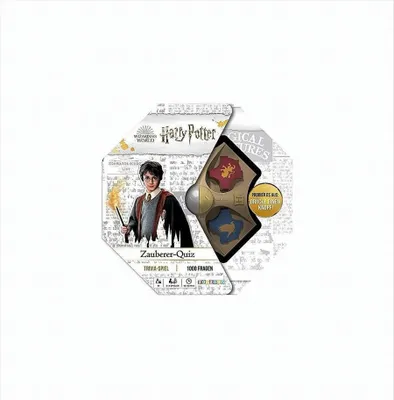 A Harry Potter themed trivia game with a depiction of Harry Potter and game components.
