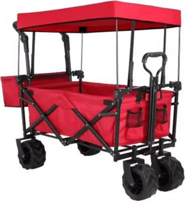 Produktbild von Faltbarer Bollerwagen XL – 262L – Gartenwagen – Mit Schiebestange – Geländegängig – Abnehmbares Dach – 115kg Tragfähigkeit – Rot