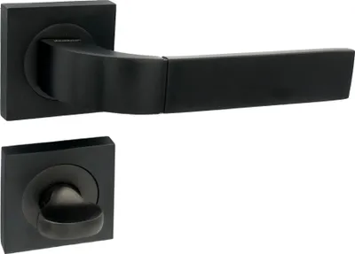 A black door handle set with square rosettes, shown from a top-down perspective against a white background.