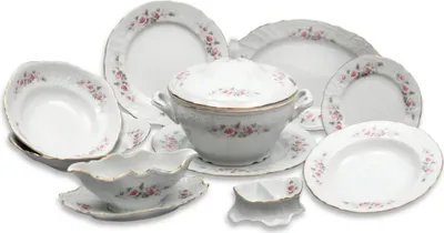 Produktbild von Tafelgeschirr, Karlsbader Porzellan, Thun, Bernadotte, Rose, Goldlinie, 25 Teile