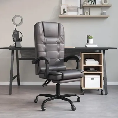 Produktbild von Bürostuhl mit Massagefunktion Grau Kunstleder, ergonomischer Drehstuhl mit Armlehne und höhenverstellbarer Rückenlehne, rollen für Büro und Homeoffice
