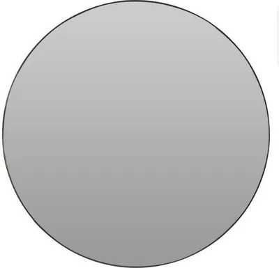 A round mirror with a black frame on a white background.