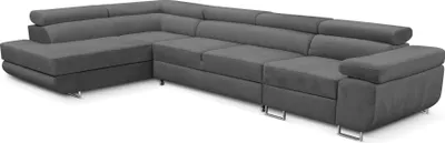 A gray sectional sofa with a chaise lounge on a white background.