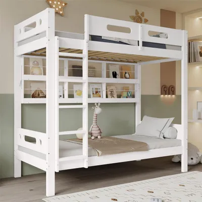 Image de Sweiko Lit superposé 90x200cm, Lit d'enfant avec barrière de sécurité, Étagère ouverte, Échelle à cinq marches, Riche espace de rangement, Pin+MDF, Blanc,