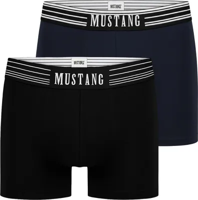 Produktbild von Mustang Herren Boxershorts 2er Pack - Bequeme Baumwollunterwäsche mit Elasthan, Weicher Bund mit Logo, Schwarz & Blau, Atmungsaktiv, Größe 1051, Ideal für Jeden Tag M