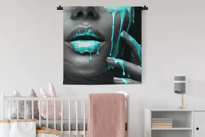 Produktbild von MuchoWow® Wandteppich Wandbehang Lippen - Blau - Schwarz 90x90 cm Tapisserie Dekoration Wandtuch - Wandaufhänger
