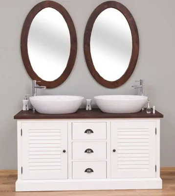 Produktbild von Casa Padrino Landhausstil Badezimmer Set Weiß / Dunkelbraun - 1 Doppelwaschtisch & 2 Wandspiegel - Massivholz Badezimmermöbel im Landhausstil