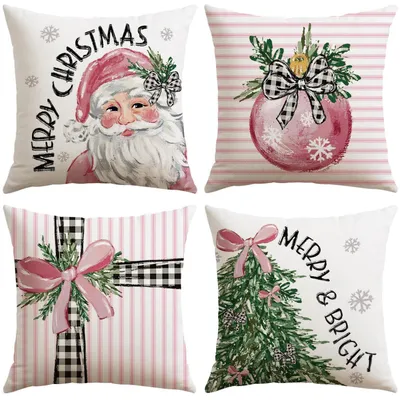 Productafbeelding van Kerstkussenslopen, set van 4, 45x45 cm, met kerstman en kerstboom, roze, polyester