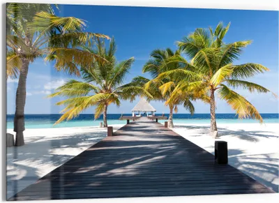 Produktbild von DEQORI Glasbild Echtglas 90x60 cm 'Tropischer Strandaufgang' Wandbild Bild modern Deko