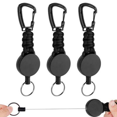 Image de Porte-clés rétractables, lot de 3 porte-clés rétractables, porte-carte rétractable avec câble en acier de 60 cm, porte-carte, porte-clés rétractable avec mousqueton