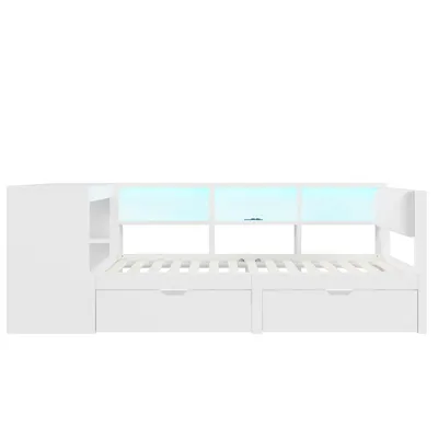 Produktbild von Flieks Klassisches Bett Tagesbett 90x200cm mit 2 Schubladen, Jugendbett Stauraumbett mit Led und Ladefunktion, Einzelbett Schlafsofa, Weiß