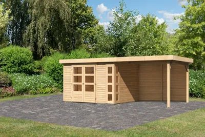 Produktbild von Karibu Gartenhaus Gerätehaus Kerko 5 im Set mit Anbaudach 2,80 m Breite und 19 mm und Rückwand naturbelassen 557x246x210 cm