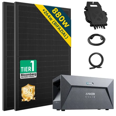 Produktbild von Balkonkraftwerk mit Speicher Anker SOLIX Solarbank E1600 800W EZ1 Mikroinvert Komplettset 890W (2*445W) Bifazialer Glas-Glas, 5m Kabel