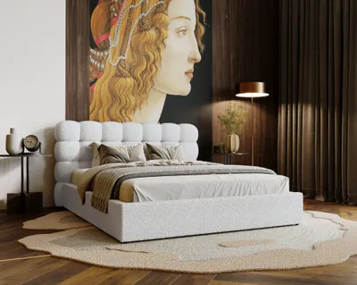 Obrázok produktu pre Čalúnená posteľ 180x200 Parlas - Elegantné čelo, pena - Manželská posteľ, lamelový rošt, podnož - látka Bouclé (krémová - Anthology 1)