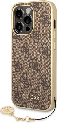Produktbild von Guess 4G Charms Apple iPhone 14 Pro Hard Case Cover Ochranný řetízek s přívěskem hnědý / zlatý