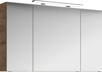A modern, three-door mirrored cabinet with integrated LED lighting above and a wood-effect frame on the left.