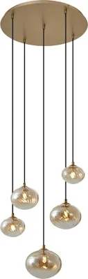 Produktbild von QAZQA - Art Deco Art-Deco-Hängelampe I Pendellampe I Pendelleuchte Gold I Messing mit bernsteinfarbenem Glas - JiaI 5-flammig I Wohnzimmer I Schlafzimmer - Stahl Rund I Kugel I Kugelförmig - LED geeig
