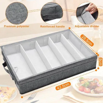 Produktbild von Unyqoos® Verstellbarer Besteck-Organizer mit transparentem Deckel, Tragegriff & variablen Fächern – stapelbar, aus Polyester & Karton, für Besteck und Kleinteile