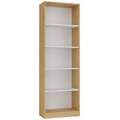 A tall, narrow bookshelf with a wood-grain frame and white shelves against a white background.