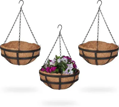 Productafbeelding van Hangende plantenbakken - Set van 3 - Kokosnootbakken - 50x31 cm - Hangende planten - Geschikt voor binnen en buiten - Metaal - Bruin zwart